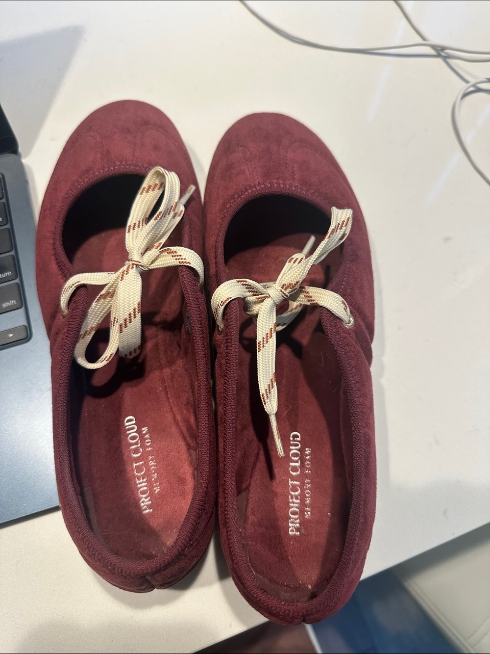 Burgundy Suede Ballet Flats with Cream Laces